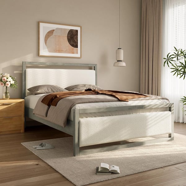 Gray Upholstered Head and Footboard Wood Frame Queen Platform Bed