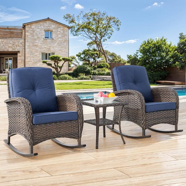 moosprr Brown 3-Piece Wicker Outdoor Rocking Chair with Blue Cushions and Side Table