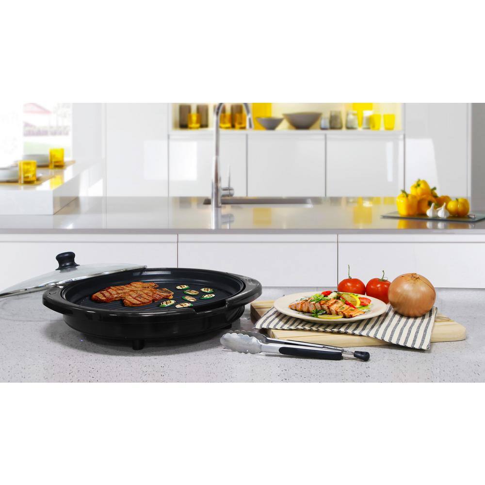 Elite Black Round Aluminum Indoor Electric Grill with Glass Lid