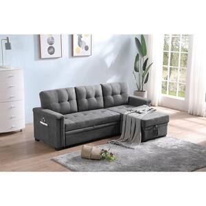 84 in. W Woven Fabric Sleeper Sectional Sofa Chaise with USB Charger and Tablet Pocket in Gray