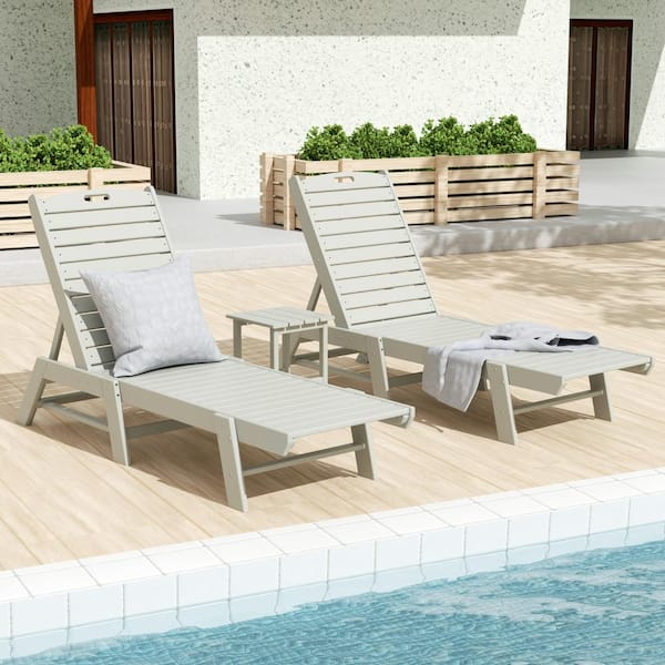 WESTIN OUTDOOR Laguna Sand 3-Piece All Weather Fade Proof HDPE Plastic Outdoor Patio Reclining Chaise Lounge Chairs with Side Table Set