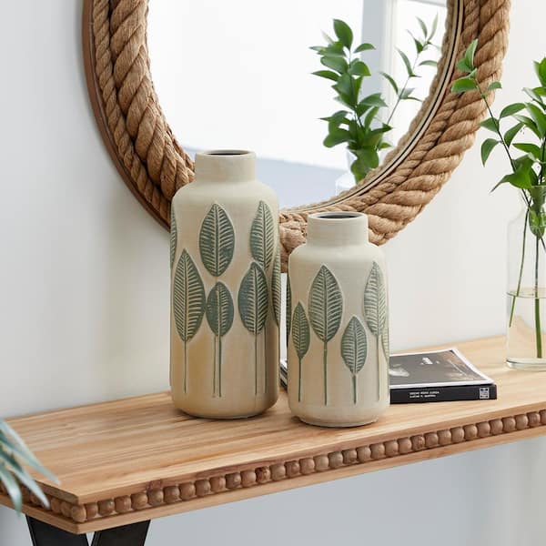 Litton Lane 11 in., 14 in. Beige Leaf Ceramic Decorative Vase (Set of 2)