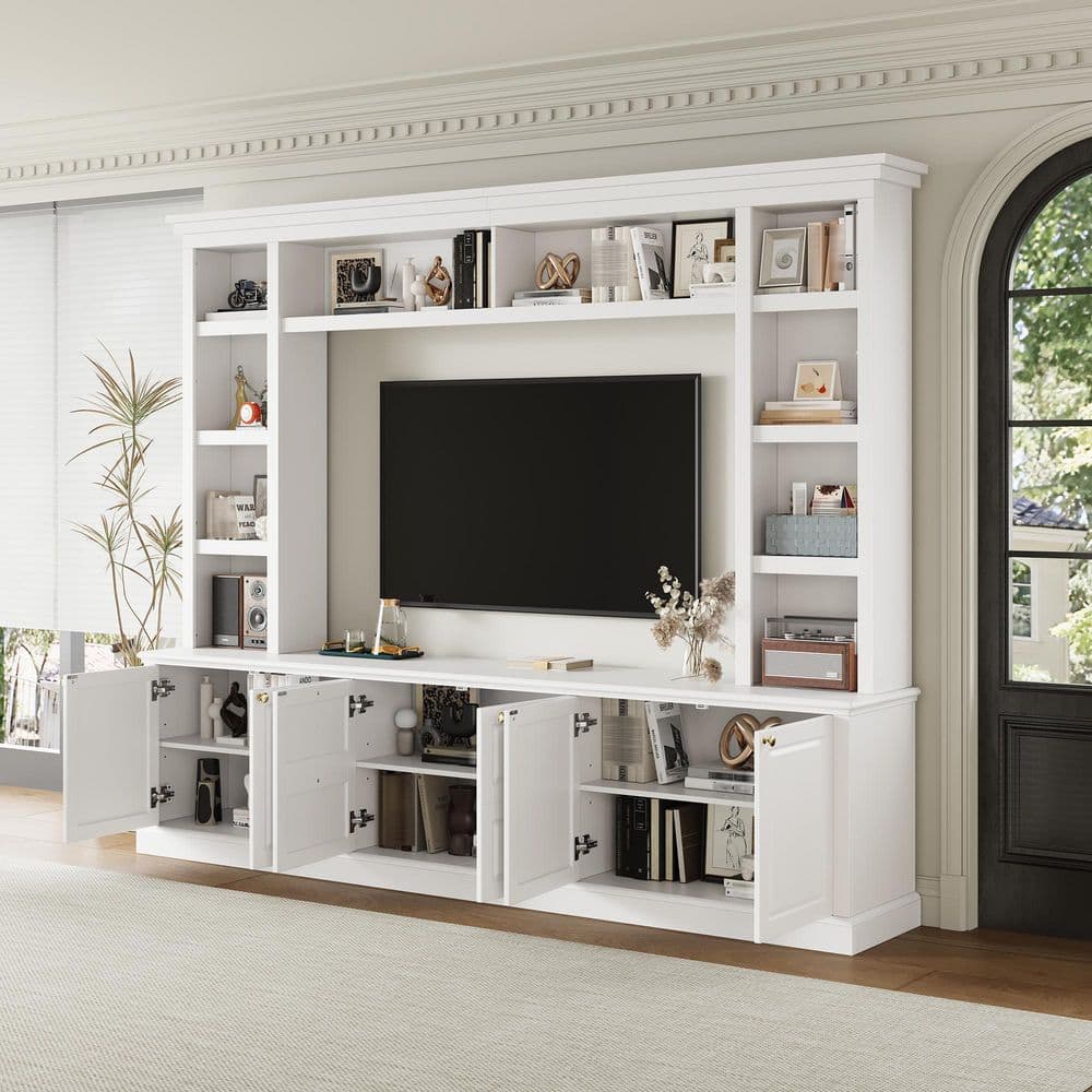 All-in-One White TV Stand Entertainment Center Fits TV's up to 70 in. with Bookcase, Cabinets and 3 Adjustable Shelves