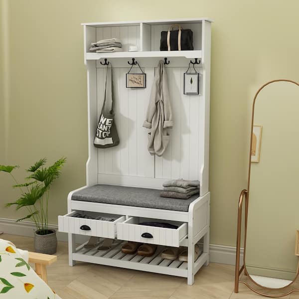 Entryway Hall Tree with 4 Hooks, Coat Rack, and Storage Bench Shoe Cabinet - White
