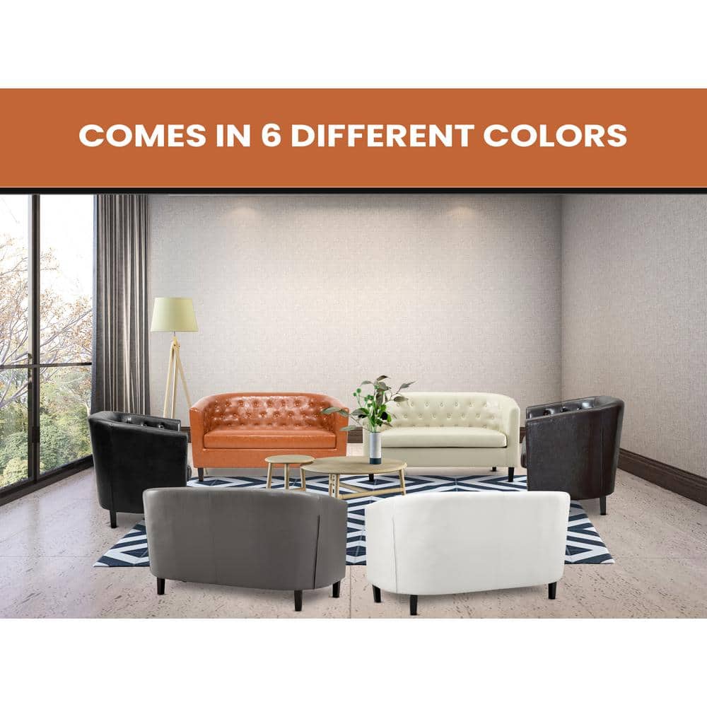 Cream Tufted Faux Leather Loveseat with Wooden Legs