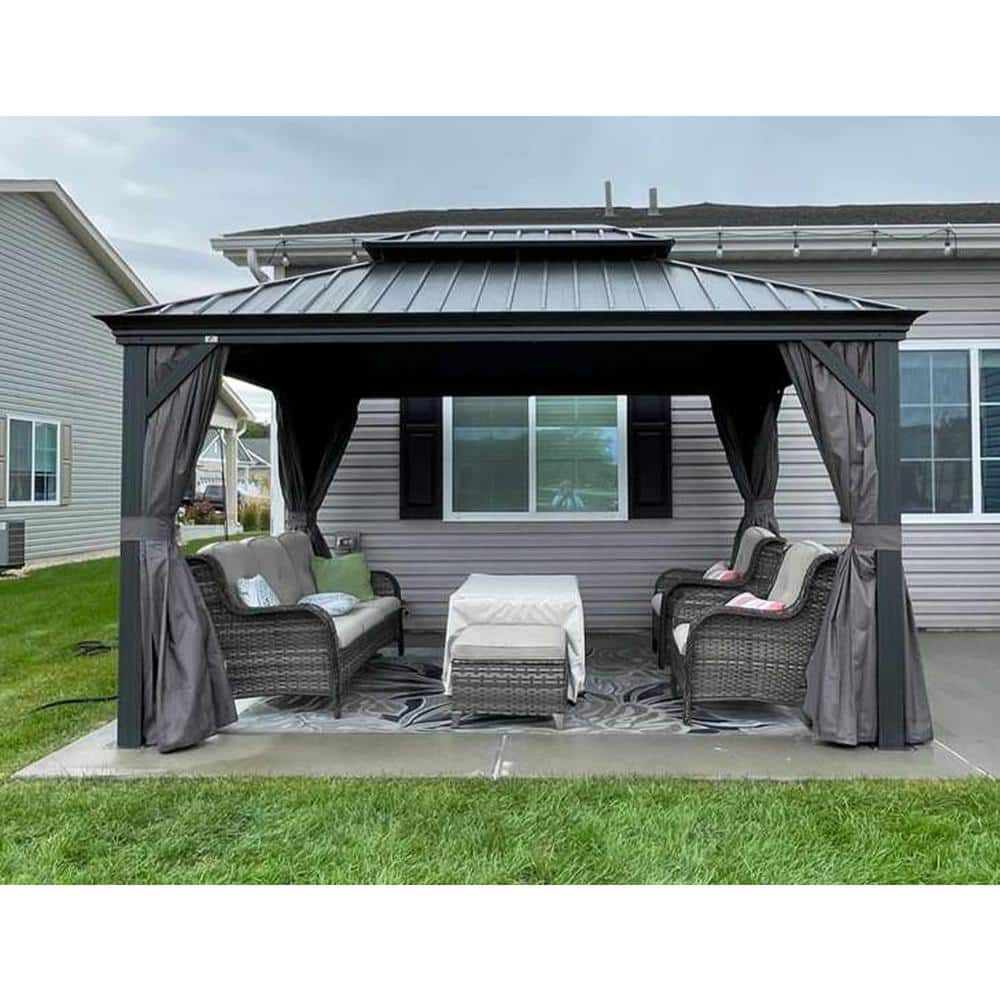 Gray Aluminum Frame 13' x 15' Hardtop Gazebo with Curtains