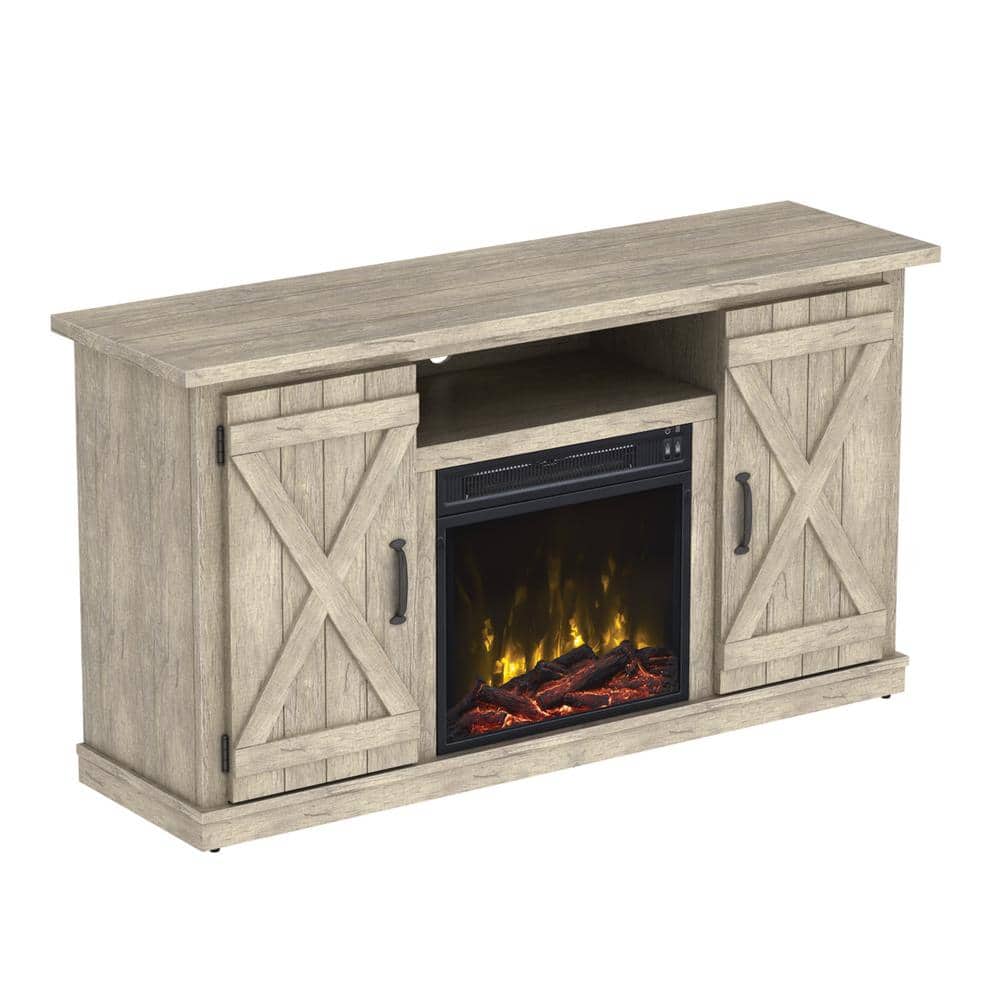 Ashland Pine TV Stand with Electric Fireplace and Cabinets