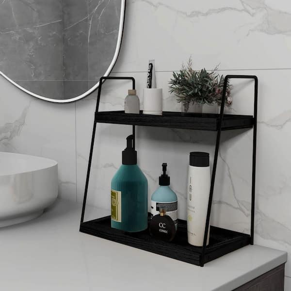 Dracelo 12.6 in. W x 6.89 in. D x 13.46 in. H 2 Tier Rustic White Wood Bathroom Freestanding Counter Shelf