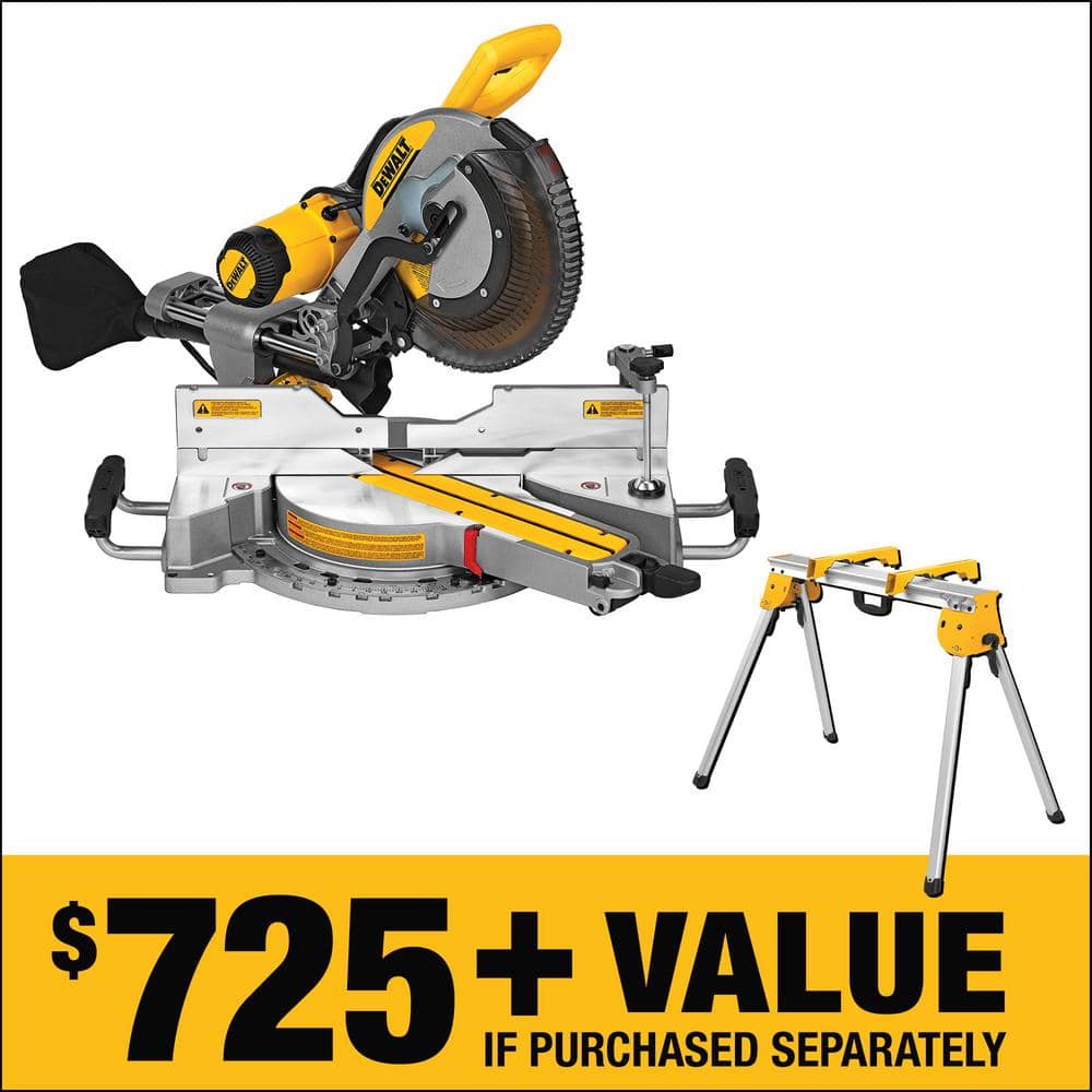 DEWALT 15 Amp Corded 12 in. Double Bevel Sliding Compound Miter Saw, Blade Wrench, Material Clamp and Heavy-Duty Work Stand -  DWS779WDWX725B