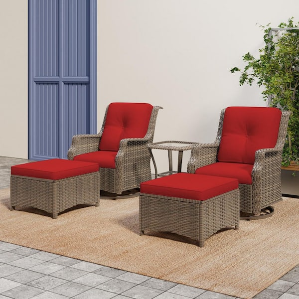 5-Piece Wicker Patio Lounge Chair Set with Swivel Rockers, Ottomans, and Glass Side Table and Red Cushions Chat Set