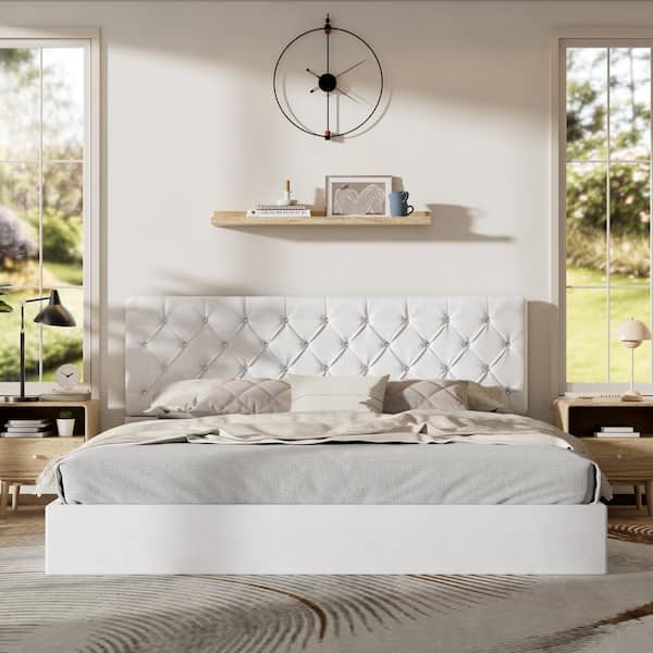 Ahokua White Frame Queen Size Upholstered Platform Bed with Lift-Up Storage Supported by Metal and Wooden Slats