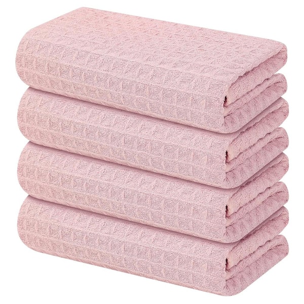 Pink Solid Color Microfiber Waffle Weave Kitchen Towels, Ultra Absorbent, Lint Free, Set of 4, 16 in. x 28 in.