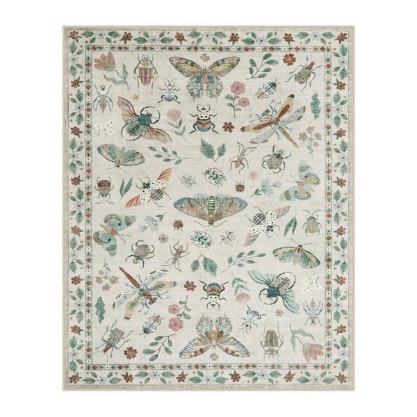 Washable Modern Insect Pattern Non Slip Beige 8 ft. x 10 ft. Living Room/Bedroom Indoor Area Rug