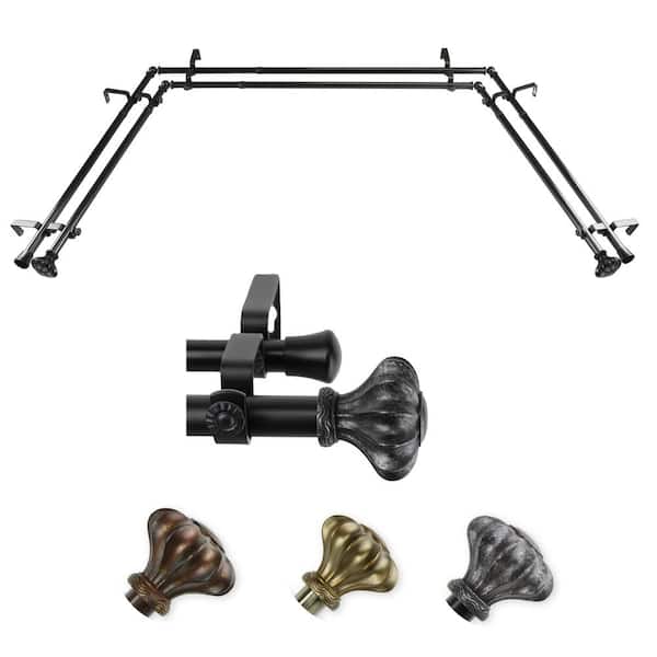 EMOH 13/16" Dia Adjustable 20"-36", 38"-72" Bay Window Double Curtain Rod with Axel Finials in Black