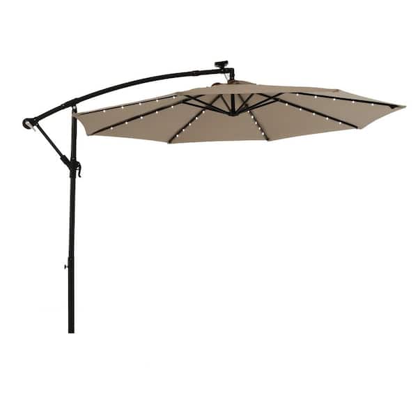 Sudzendf 10 ft. Solar LED Offset Hanging Market Patio Umbrella in Beige
