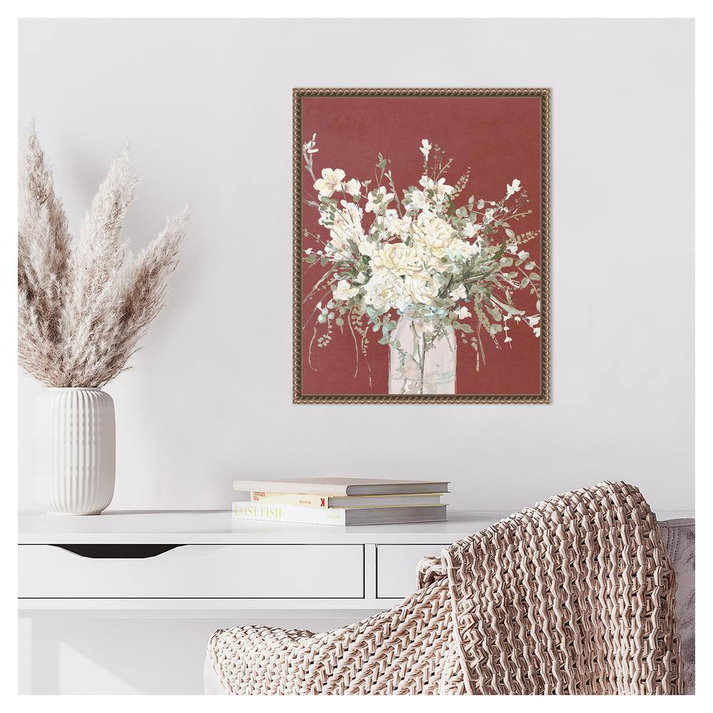 Beaded Gold Framed Floral Canvas Wall Art with Glass Vase