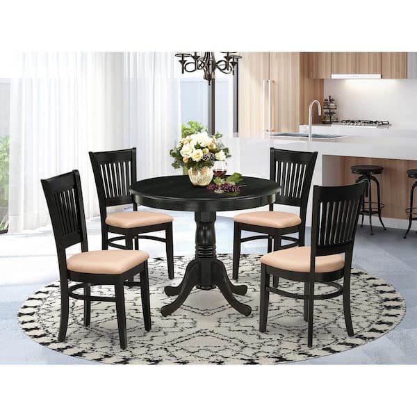 East West Furniture 5-Piece Black Finish Solid Wood Top Dining table with 4 Chairs with Slat Back