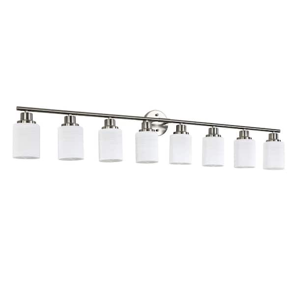 VEVETTA 52 in. Modern 8-Light Bathroom Vanity Light, Frosted White Glass with Nickel Iron Frame (Bulb Not Included)