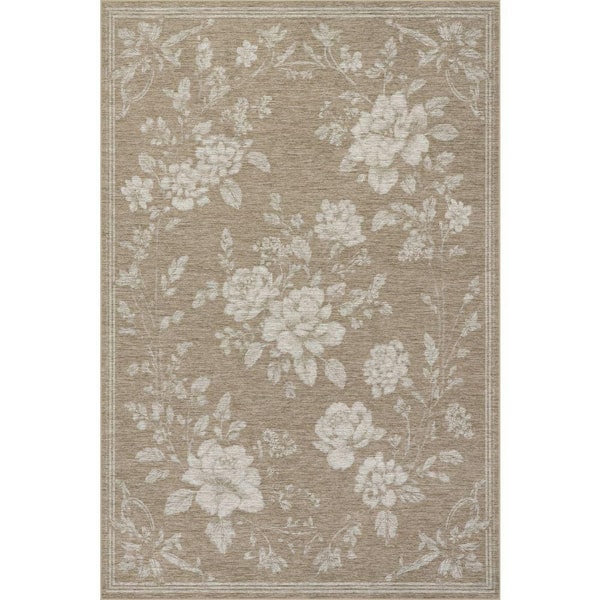 Fanesey Floral Farmhouse Washable Beige 6 ft. x 9 ft. Indoor Area Rug