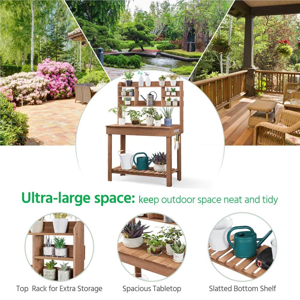 Brown Firwood Potting Bench Table with Display Rack and Storage Shelf