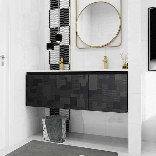 FAMYYT 48 in. W x 18.3 in. D x 17.3 in. H Modern Double Sinks Floating Bath Vanity in Black with White Ceramic Top