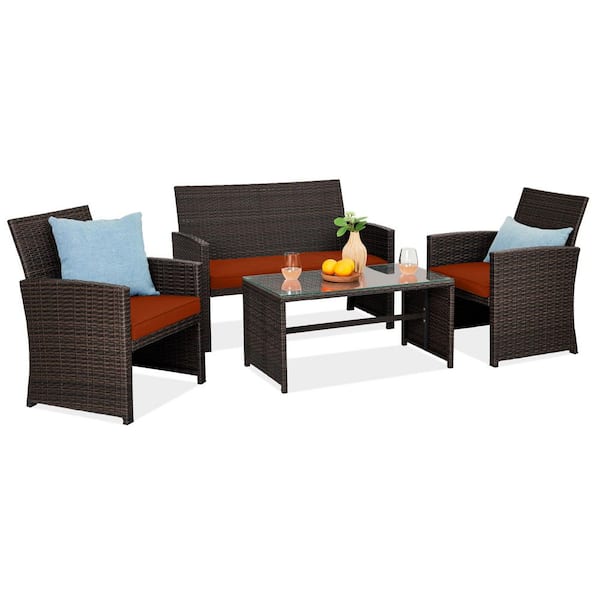 Best Choice Products Brown 4-Pieces Wicker Patio Conversation Set with Dark Rust Cushions, 4 Seats, Tempered Glass Table Top