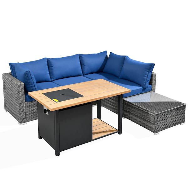 Riley 6-Piece Wicker Patio Rectangular Fire Pit Set with Navy Blue Cushions