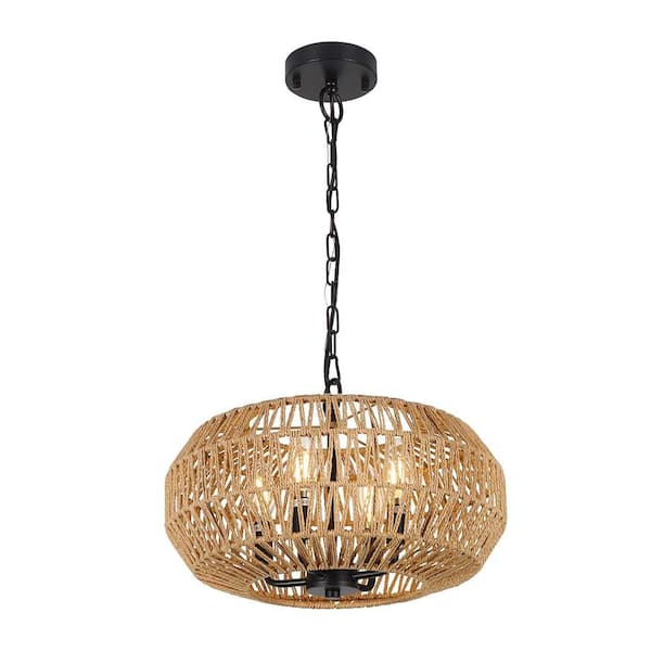 Jushua 15.7 in. 4-Light Brown Boho Chandelier Light Fixture, Rattan Pendant Lights, Height Adjustable, No Bulbs Included