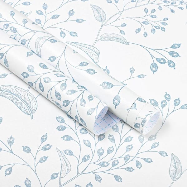 White and Light Blue Boho Floral Self-Adhesive Removable Peel and Stick Wallpaper Roll