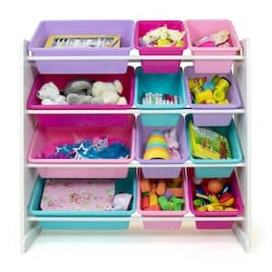 Forever Toy 31.3"H Engineered Wood White Storage Organizer with 12 Plastic Storage Bins