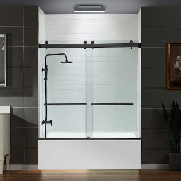 WOODBRIDGE 60 in. W x 66 in. H Double Sliding Frameless Tub Door in Matte Black Finish with 5/16 in. Clear Glass