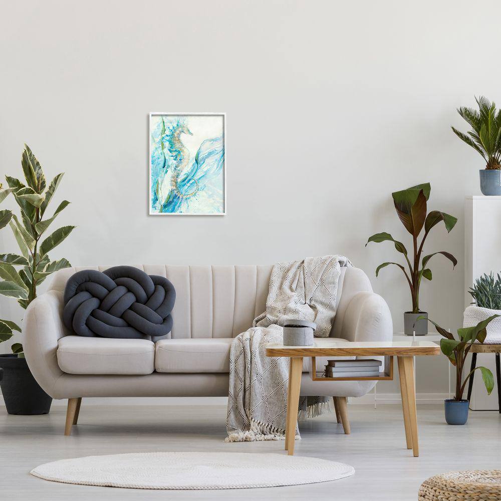 White Framed Nautical Seahorse Blue Ocean Wall Art, 16 x 20