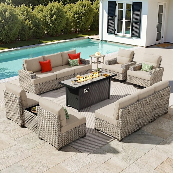 XIZZI Canterbury Bell 13 Pieces Wicker Outdoor Patio Rectangular Fire Pit Set and Swivel Rocking Chairs with Beige Cushions
