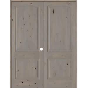 48 in. x 96 in. Rustic Knotty Alder 2-Panel Left Handed Grey Stain Wood Double Prehung Interior Door with Arch-Top