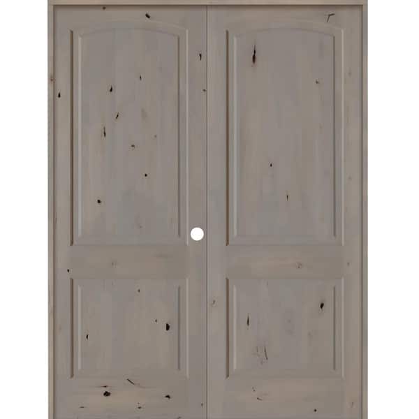 Krosswood Doors 48 in. x 96 in. Rustic Knotty Alder 2-Panel Left Handed Grey Stain Wood Double Prehung Interior Door with Arch-Top