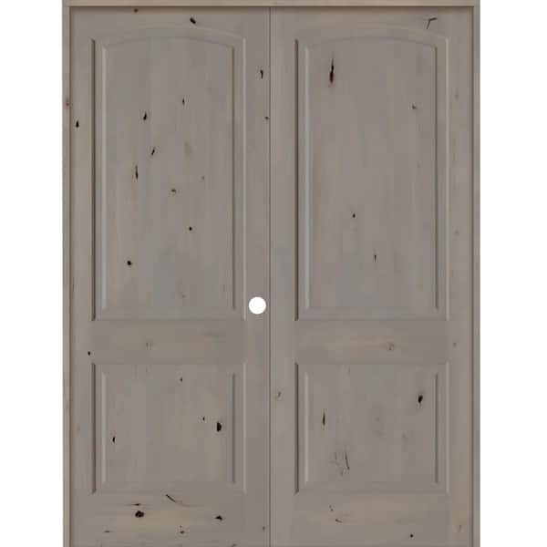 Krosswood Doors 72 in. x 96 in. Rustic Knotty Alder 2-Panel Left Handed Grey Stain Wood Double Prehung Interior Door with Arch-Top
