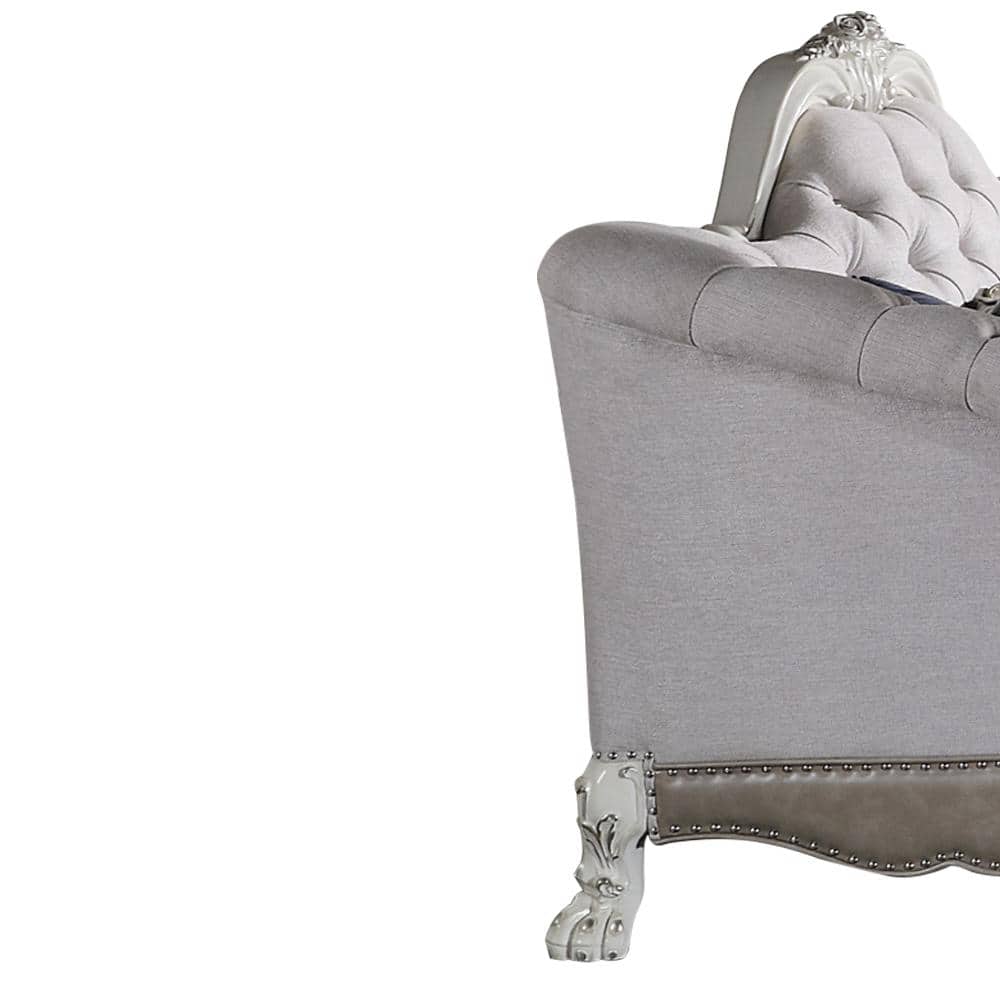 Bone White Faux Leather Tufted Sofa with Ottoman