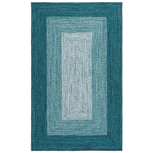 Braided 6 ft. x 9 ft. Ivory/Turquoise Ombre Border Washable Area Rug