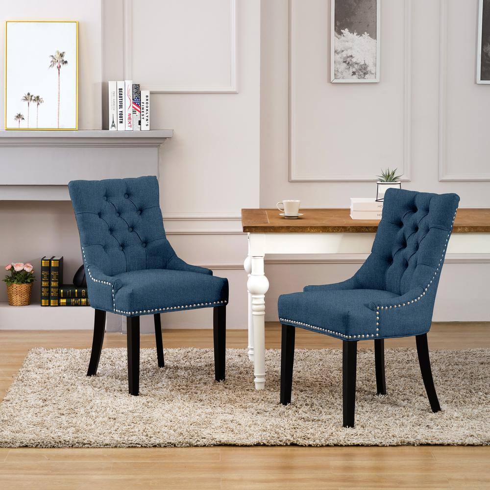 High Back Blue Linen Upholstered Wood Side Chair