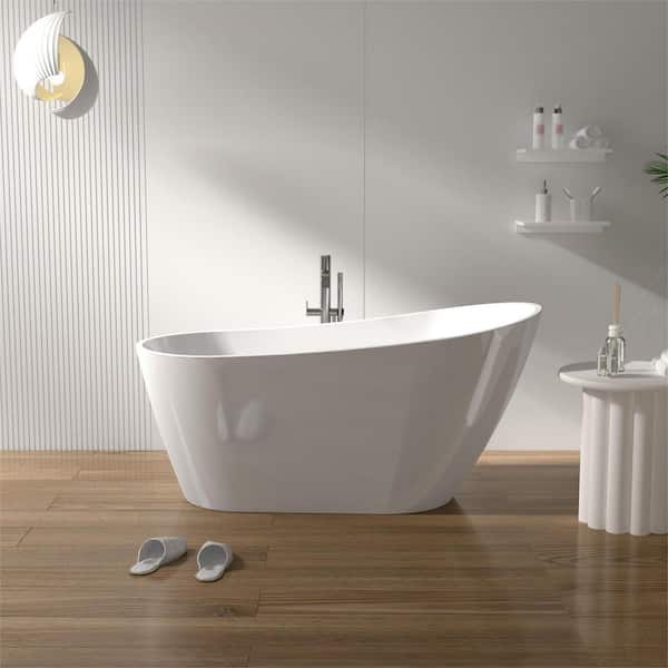 Abruzzo 55.12 in. x 30.71 in. Contemporary Soaking Tub Acrylic Freestanding Bathtub with Overflow and Drain in Gloss White