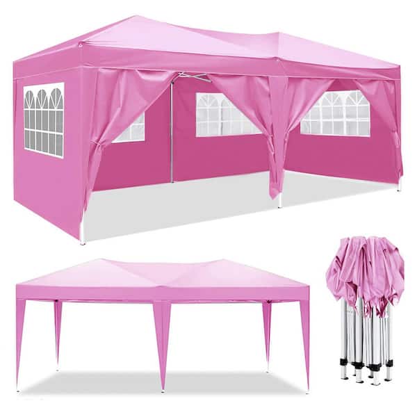 ToolCat 10 ft. x 20 ft. Pink Pop Up Canopy Garage Outdoor Portable Party Folding Tent with 6-Removable Sidewalls and Carry Bag