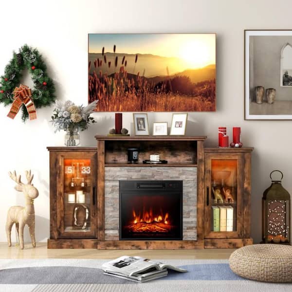 59 in. Freestanding Electric Fireplace TV Stand in Brown and LED Lights, App and Remote Control, 65 in. TV Top
