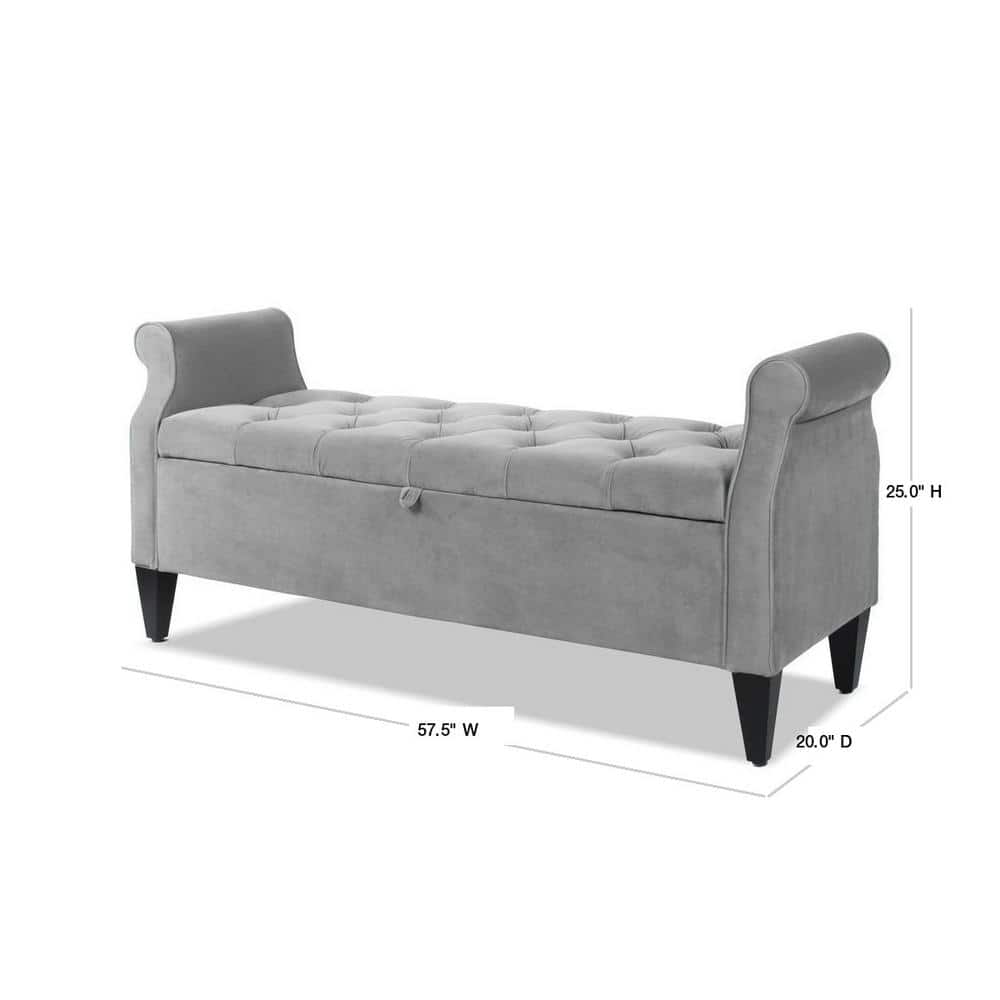 Jacqueline Opal Grey Velvet Tufted Roll Arm Storage Bench
