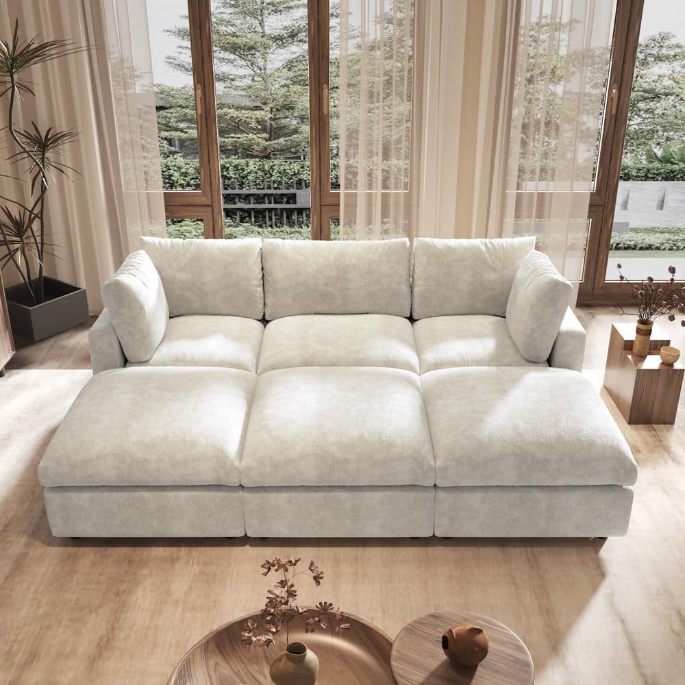 100.5 in. Square Arm 6-piece Chenille Modular Sectional Sofa Turn Into Sofa Bed with Ottomans, Removable Covers in Beige