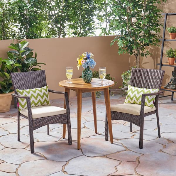 Noble House Arezzo Multi-Brown 3-Piece Wood and Wicker Outdoor Bistro Set with Cream Cushions
