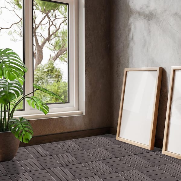 12 in.W x12 in.L Outdoor Striped Pattern Square Plastic PVC Interlocking Flooring Deck Tiles (Pack of 27Tiles)in Brown