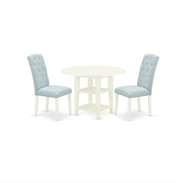 East West Furniture 3-Piece Linen White Finish Round Solid Wood Top with Dropleaf Dining Table Set