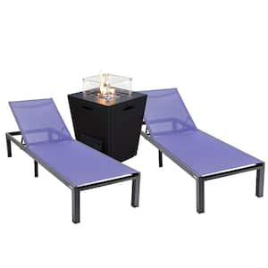 Marlin Modern Black Aluminum Outdoor Patio Chaise Lounge Chair Set of 2 with Fire Pit Table, Navy Blue