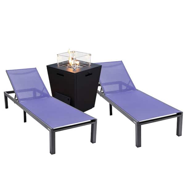 Leisuremod Marlin Modern Black Aluminum Outdoor Patio Chaise Lounge Chair Set of 2 with Fire Pit Table, Navy Blue