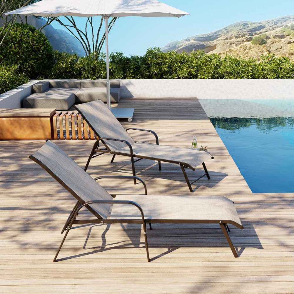 Set of 2 Beige Aluminum Outdoor Chaise Lounge Chairs